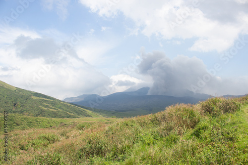 Mount Aso (Aso-san), the largest active volcano in Japan stands in Aso Kuju National Park, Aso (Aso-shi), Kyushu Region, Kumamoto Prefecture, Japan