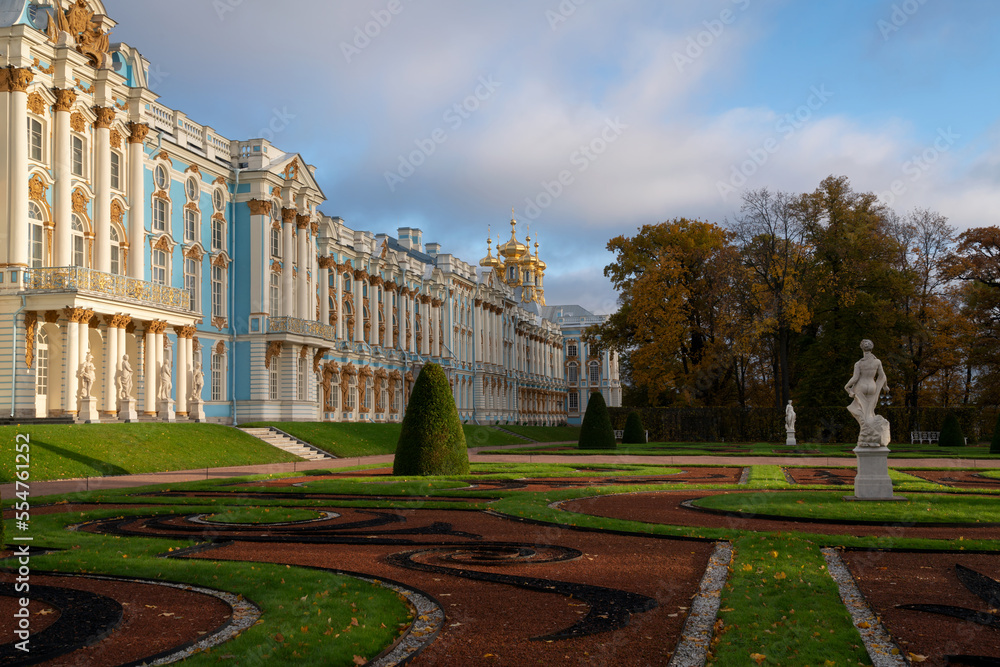View of the Catherine Palace and the palace church in the Catherine Park in Tsarskoye Selo in the sunny autumn day, Pushkin, St. Petersburg, Russia