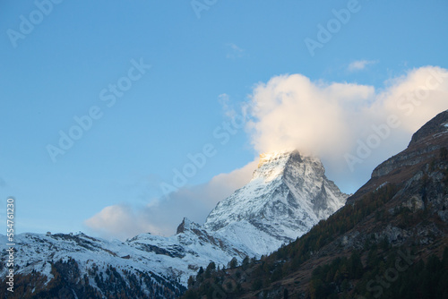 Beautiful landscape at Zermatt with Matherhorn view against blue sky in morning in Winter.