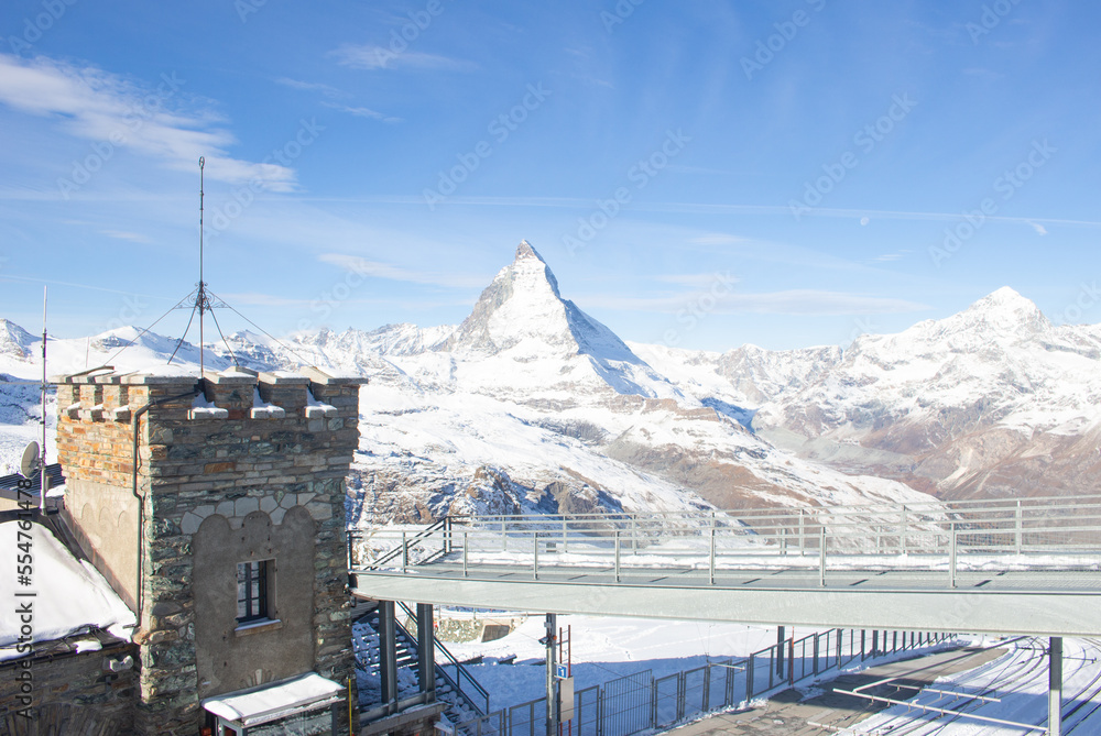 Matterhorn view. Panoramic view at Gornergrat, Zermatt, Switzerland