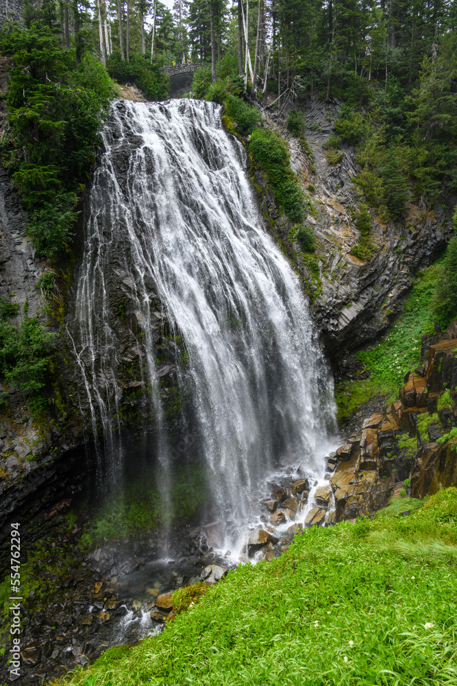 Narada Falls, a braded waterfall, viewed from below in Mt. Rainier National Park
