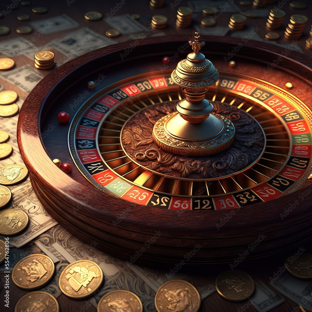 Rolling fortune roulette wheel surrounded by golden coins, reflecting success and luck of gamblers Rolling fortune roulette wheel surrounded by golden coins, reflecting success and luck of gamblers