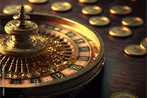 Rolling fortune roulette wheel surrounded by golden coins, reflecting success and luck of gamblers