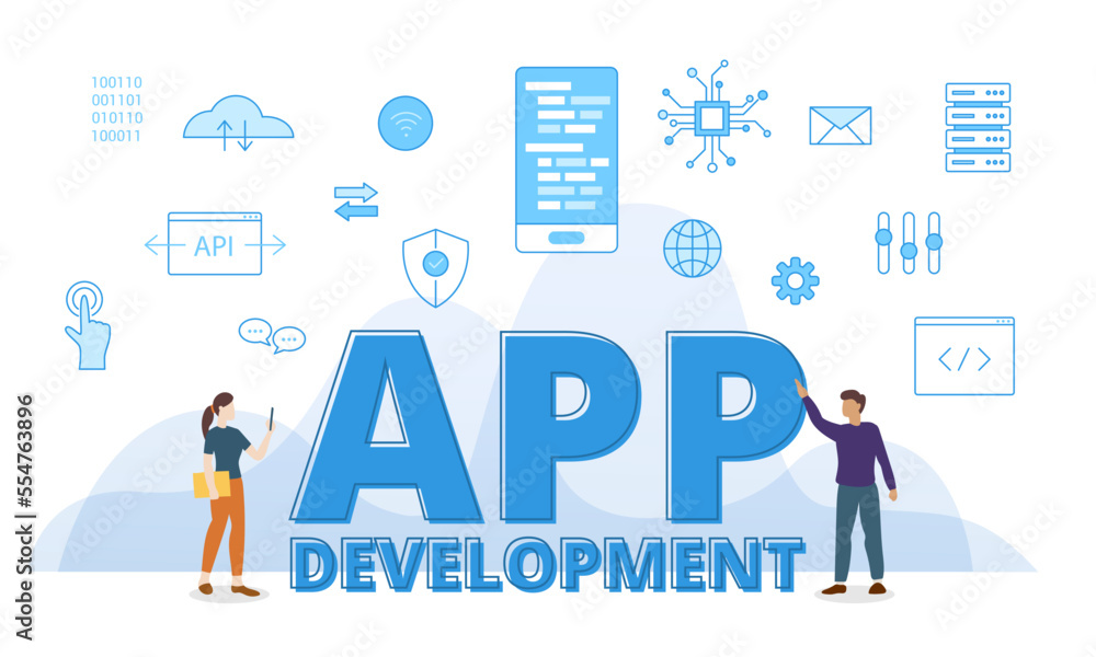 app development concept with big words and people surrounded by related icon spreading with modern blue color style app development concept with big words and people surrounded by related icon spreading with modern blue color style