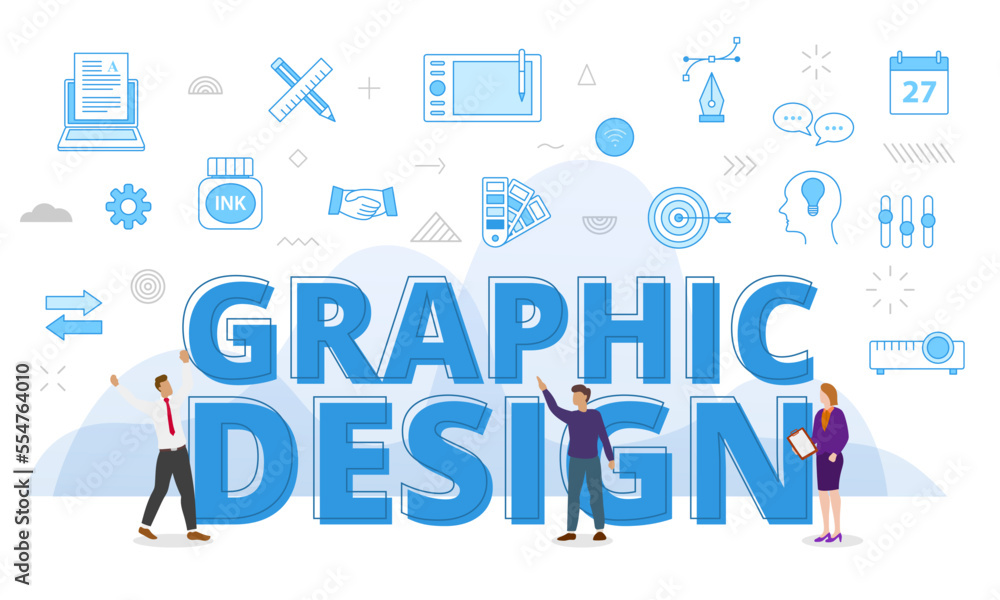 graphic design concept with big words and people surrounded by related icon spreading with modern blue color style
