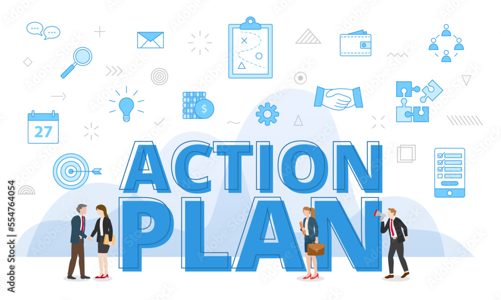 action plan concept with big words and people surrounded by related icon spreading with modern blue color style action plan concept with big words and people surrounded by related icon spreading with modern blue color style