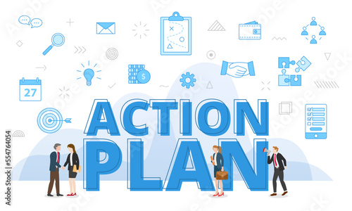 action plan concept with big words and people surrounded by related icon spreading with modern blue color style