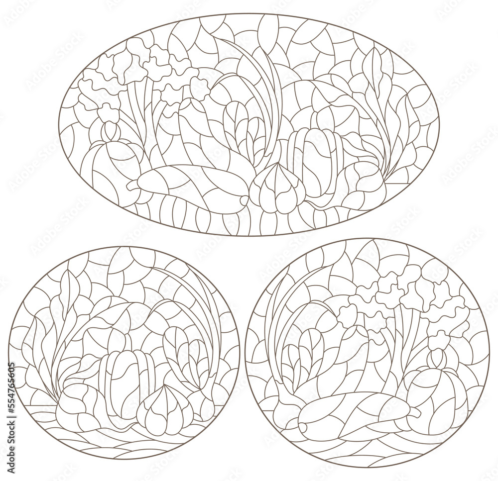 A set of contour illustrations in the style of stained glass with compositions of vegetables, dark contours on a white background A set of contour illustrations in the style of stained glass with compositions of vegetables, dark contours on a white background