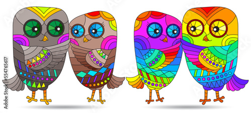 A set of illustrations in the style of stained glass with bright cute owls, birds isolated on a white background