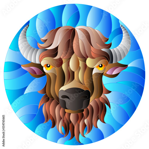 Illustration in stained glass style with bison head in round on a bluewhite background photo
