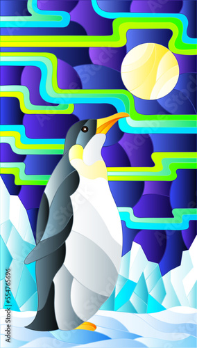 Illustration in stained glass style with a  penguin on a background of snow, moon and Northern lights