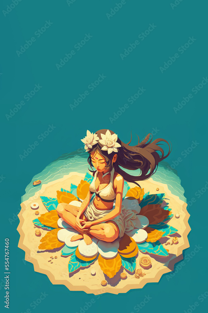 Ai generated illustration, girl at the beach sitting in meditation in yoga lotus position. Mind and religion concept. Mindfullness wellness. International day of yoga. Isolated background. 