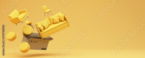 Fotografie interior design concept Sale of home decorations and furniture During promotions and discounts, it is surrounded by beds, sofas, armchairs and advertising spaces banner