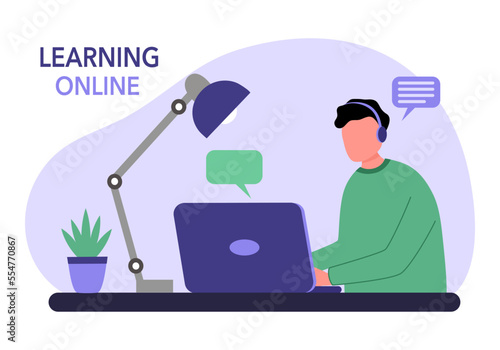 Online education concept vector illustration. Student learning online via laptop computer screen.