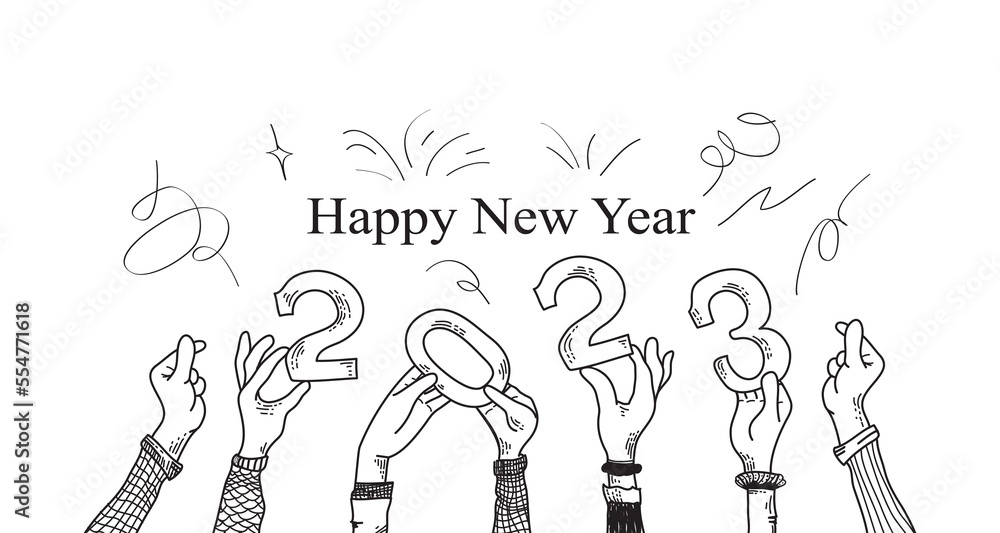 Happy New Year 2023. doodle hands of people who are celebrating the new year. hands holding number in hand drawn style. vector illustration