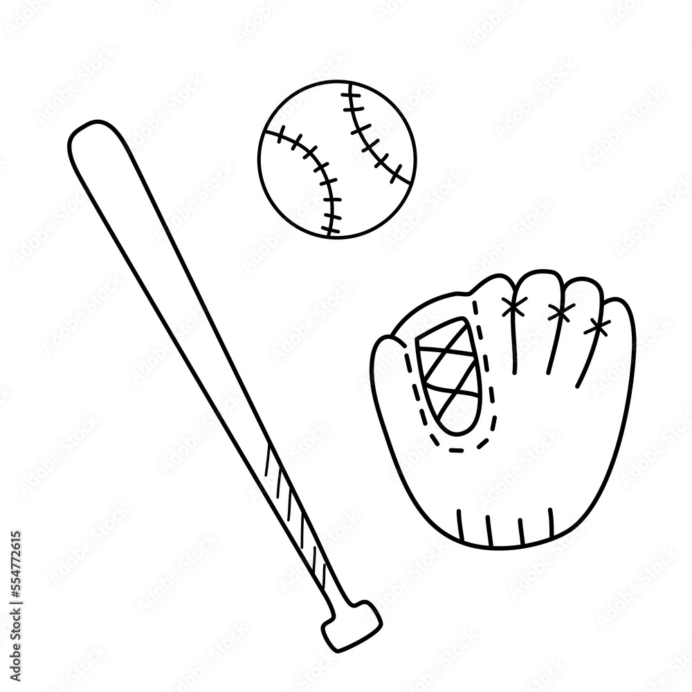Baseball glove, bat and ball. Vector doodle illustration isolated on white. Outline sketch Stock