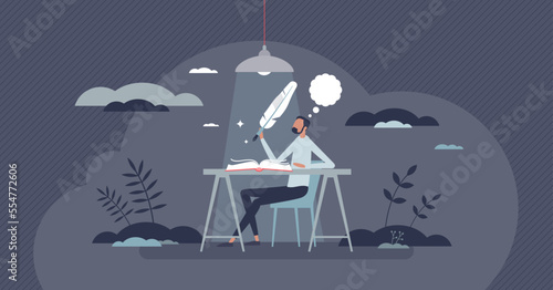 Creative writing process and author typing content scene tiny person concept. Copywriter work project with literature book or new publication message creation vector illustration. Artist write story.