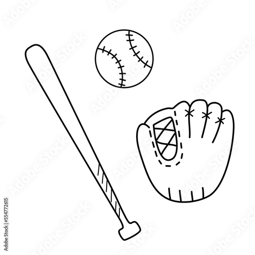Baseball glove, bat and ball. Vector doodle illustration isolated on white. Outline sketch