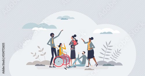 Accessibility as ability for movement in public places tiny person concept. Handicap patient support and assistance with wheelchair mobility option vector illustration. Invalid paralysis recovery.