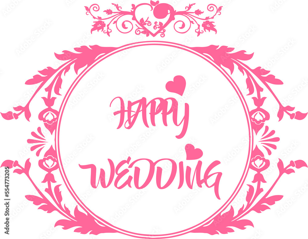 Happy wedding pink text with floral ornament transparent