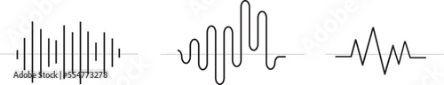 Sinusoid signals set. Black curve sound waves collection. Voice or music audio concept. Pulse lines. Electronic radio signals with different frequency and amplitude