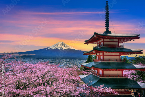 Cherry blossoms in spring  Chureito pagoda and Fuji mountain in Japan.