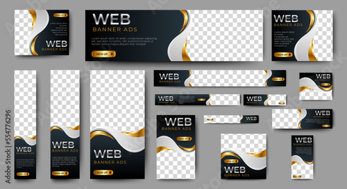 Black and gold Banner templates set with standard size for web. Business banner with place for photos for Social Media, Cover ads banner, flyer, invitation card.