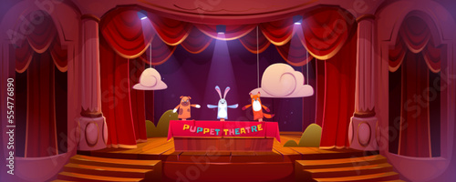 Puppet theater on stage, funny dolls perform show for children on scene with red curtains, stairs and illumination. Hand toys dog, rabbit and fox theatrical performance, Cartoon vector illustration