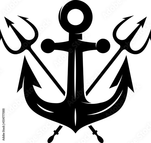 Illustration of sea anchor with crossed tridents. Design element for logo, sign, emblem. Vector illustration