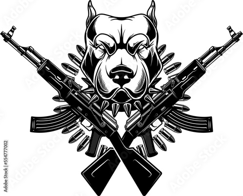 Angry dog head with crossed assault rifles. Design element for poster, emblem, sign. Vector illustration
