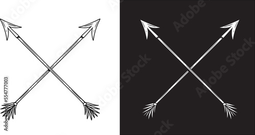 Illustration of crossed ancient arrows. Design element for poster, card, banner, emblem, sign. Vector illustration