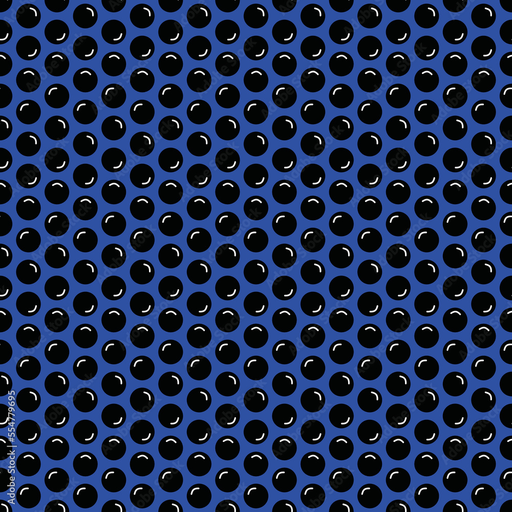 Hand drawn black 3D polka dots on blue background in seamless pattern.