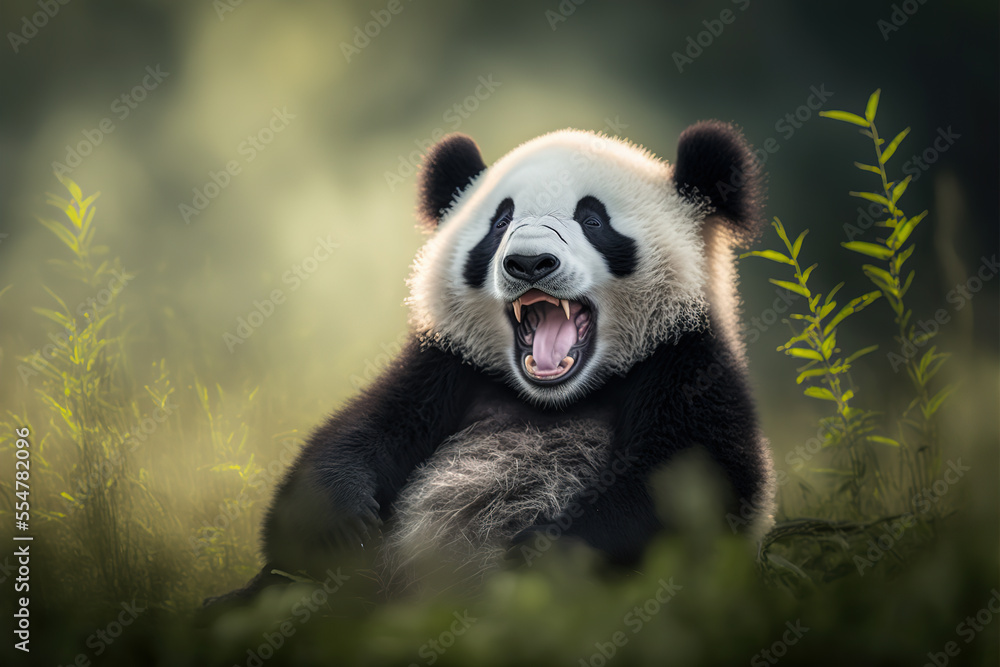 A playful happy panda. Panda  in natural habitat. Digital artwork