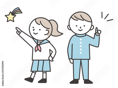 制服を着て指差しをしている男女の中学生・高校生