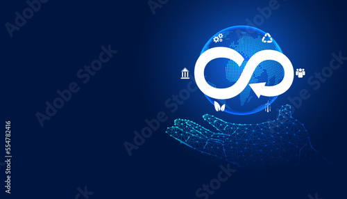 Abstract Circular Economy Symbols and Icons Environment Recycle Clean Energy Government Environmental Protection hands background, circular economy concept Circulating the use of natural resource