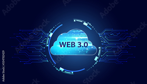 Abstract, Web 3.0 cloud and blockchain circle, Technology or Concept to Develop Web Links, Decentralized, Bottom-up Design, Consensus on Blue Background. Modern digital, futuristic