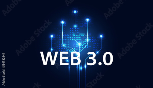 Abstract, Web 3.0 and blockchain link, Technology or Concept to Develop Web Links, Decentralized, Design, Consensus on Blue Background. Modern digital, futuristic