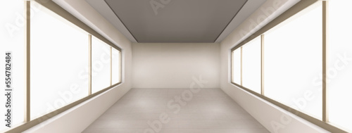 Corridor with large windows by sides and white walls. Modern architecture building inside perspective view, airport, office hall, contemporary apartment design, Realistic 3d vector illustration