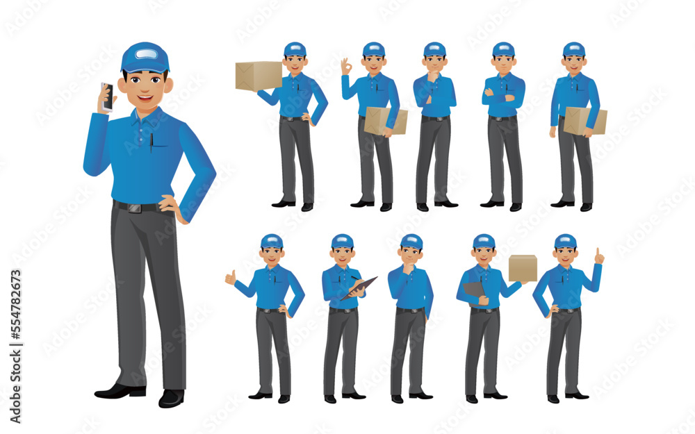 Set of delivery person with different poses Set of delivery person with different poses