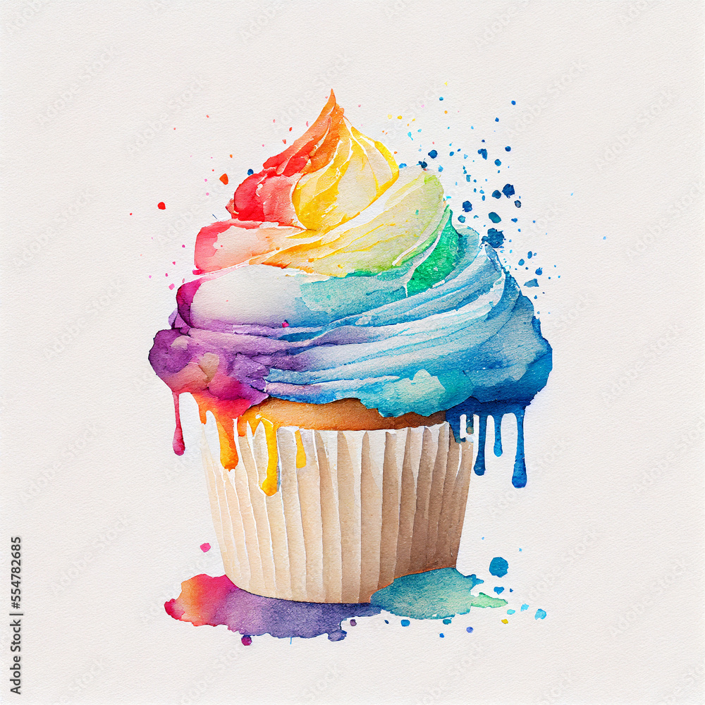 Colorful rainbow watercolor cupcake on white background. Illustration