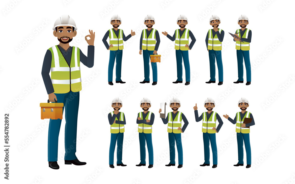 Set of engineer and builder with different poses Set of engineer and builder with different poses