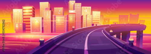 Morning cityscape with highway bridge across river. Cartoon vector illustration of golden sunrise or sunset light reflecting in glass windows of modern city skyscrapers on bank of lake or seashore