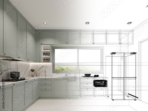 abstract sketch design of kitchen room, 3d rendering