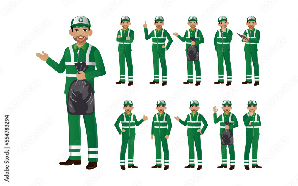 Set of street cleaner with different poses