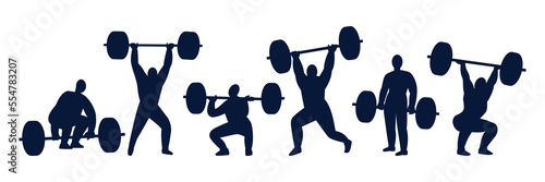 Silhouettes of heavy athletes lifting barbell. Weightlifters in different poses isolated on a white background. Black and white vector illustration