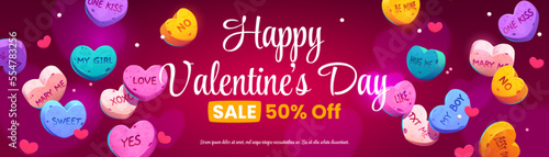 Valentines Day sale banner template. Cartoon vector illustration of promotion leaflet or poster with many colorful hearts on red background. Best prices for holiday shopping. Marketing material design