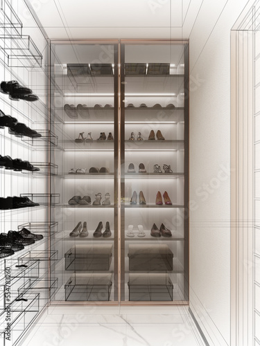 sketch design of interior shoe room, 3d rendering