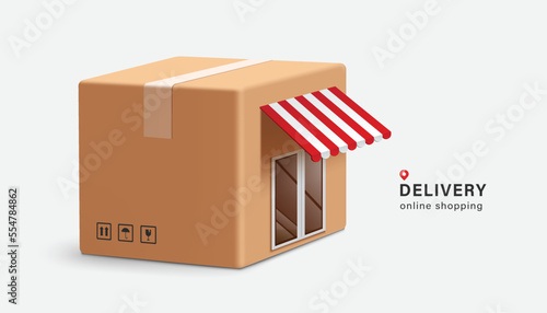 Shop or store with buildings shaped like brown parcel boxes or carton