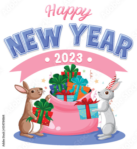 Happy New Year text with cute rabbit for banner design