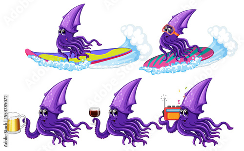 Squid cartoon characters set